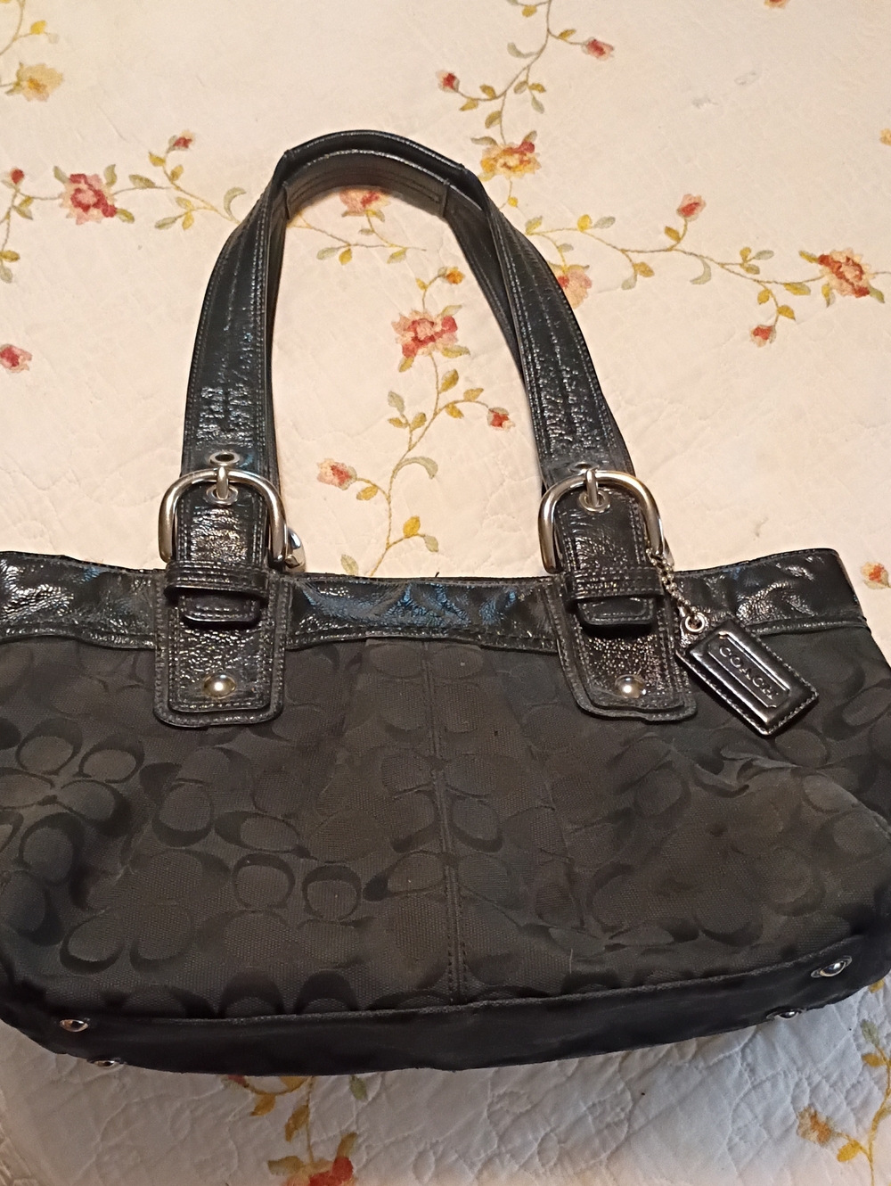 Coach Black Signature Tote with Leather Trim